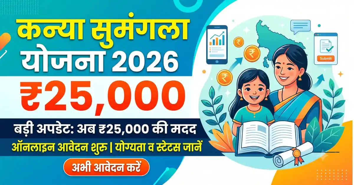 A visual featured image designed for the kanya sumangala yojana 2026 article. A mother and daughter are smiling, with education symbols like a book. The image highlights the ₹25,000 updated amount, online form application, and status check features. High CTR design.
