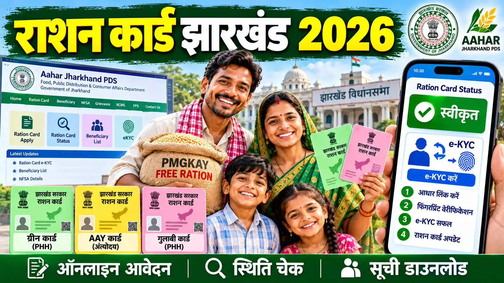 Ration Card Jharkhand 2026: Aahar पोर्टल (ERCMS) पर ऑनलाइन अप्लाई, eKYC और Status चेक करने की पूरी गाइड।