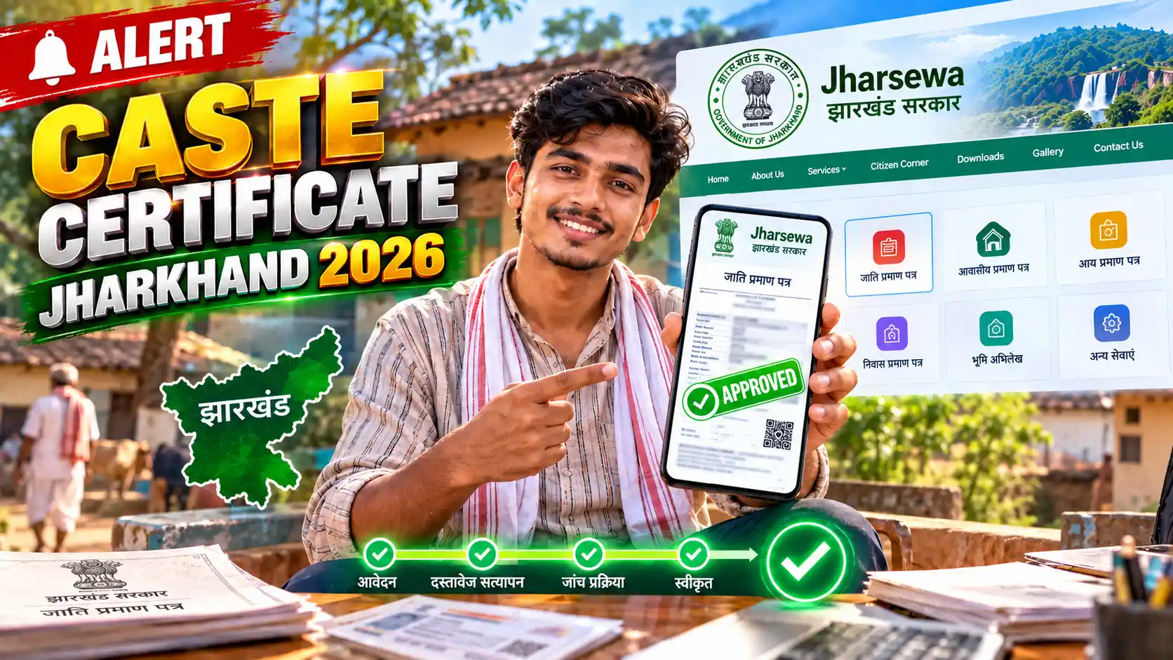 Jharkhand caste certificate 2026 ke liye Jharsewa portal par online apply process aur Aadhaar e-KYC verification.